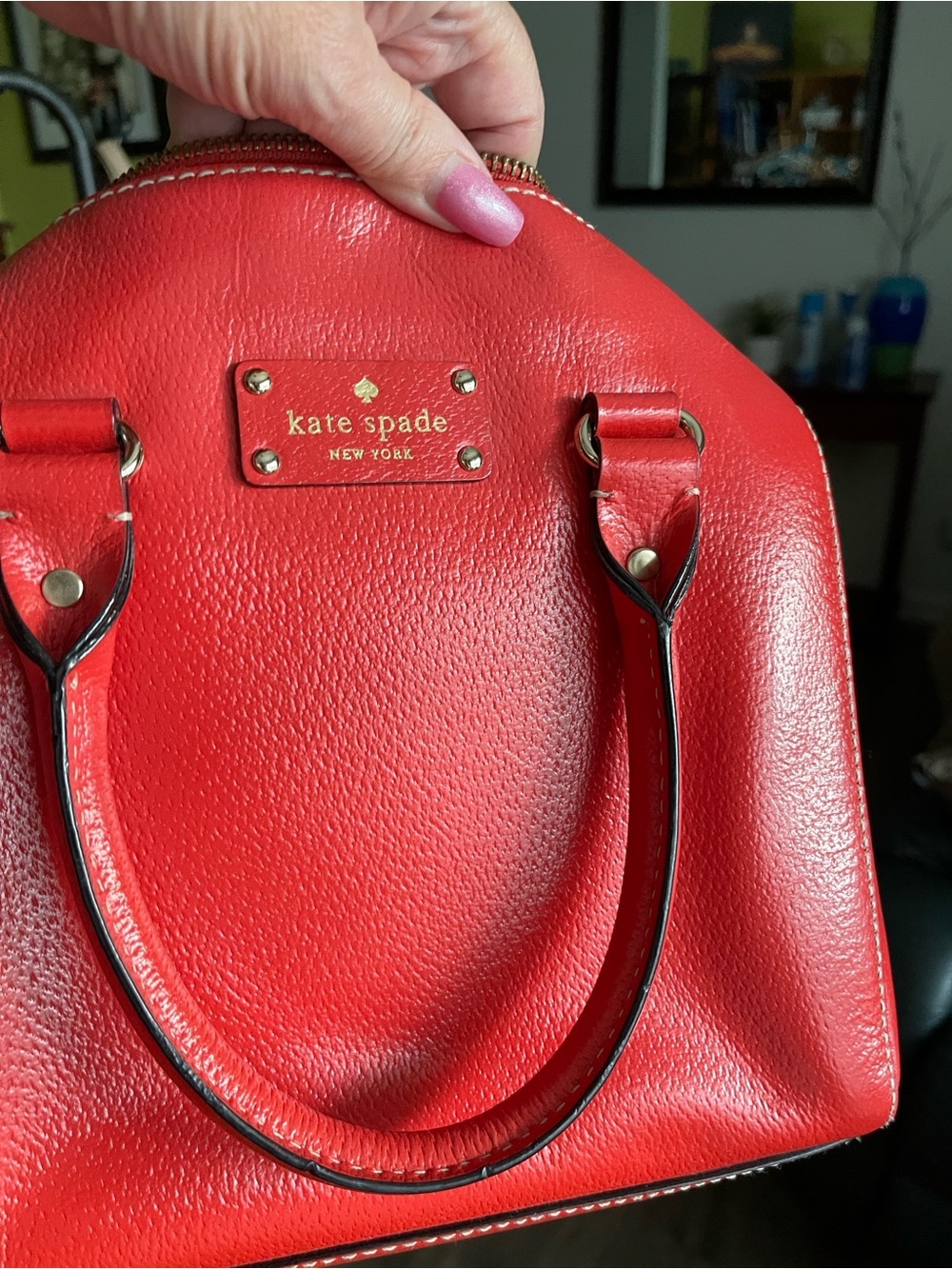 kate spade red leather satchel with gold plaque